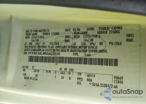 2006 Ford E-350 Super Duty Commercial/Recreational z USA, uszkodzony, nr VIN 1FTSE34L46DA33035